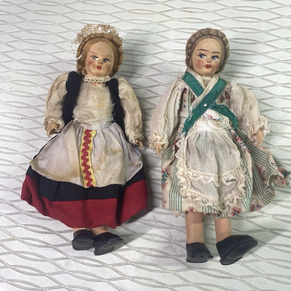Vintage 2-German Stuffed Collector Bisque Dolls In Italian Folk Costume –6" Tall